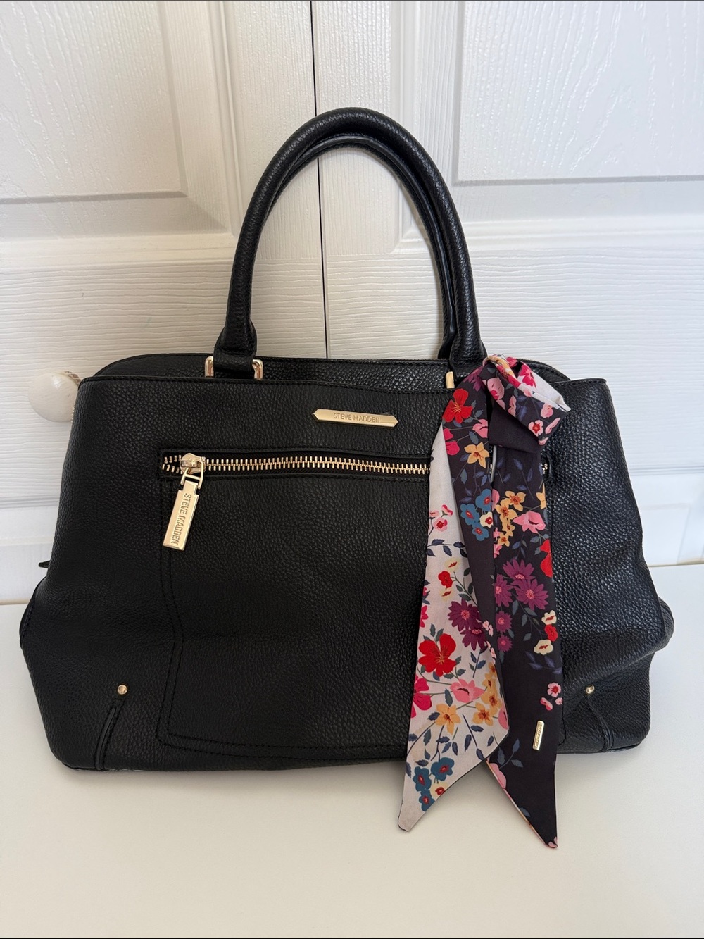 Steve Madden Black Shoulder Satchel with Floral Scarf Accent